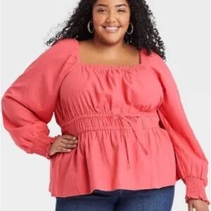 Ava & Viv Coral Peplum Milk Maid Peasant Top 2X NWT